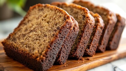 Freshly Baked Slices of Moist Banana Bread on Wooden Board