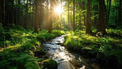 Enchanting forest scenery with sunlight streaming through trees and a flowing river
