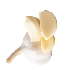 Top view of fresh white garlic bulbs with peeled garlic clove or pieces in stack isolated with...