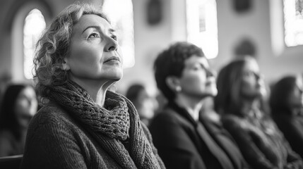 Thoughtful Woman Listening in a Church during a Reflective Moment