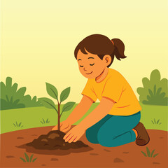 Child Planting Tree Illustration - Eco-Friendly Nature Activity for Kids and environment day concept 