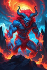A powerful mythical creature with blue skin and vibrant red hair towers in a volcanic landscape. Flames surround its muscular form, contrasting against a dramatic twilight sky filled with clouds.