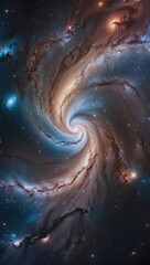 A stunning spiral galaxy showcases bright swirls of orange and blue hues against a dark backdrop. Distant stars twinkle, creating a sense of vastness in the cosmos.