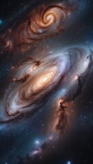 A breathtaking view captures the intricate details of galaxies swirling in the vastness of space. Stars twinkle against a backdrop of dark cosmos and colorful gas clouds, showcasing cosmic wonder.