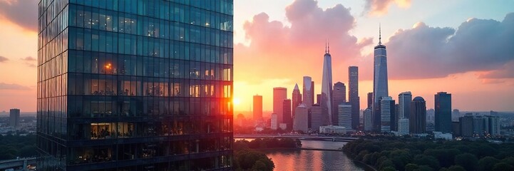 Modern glass office building reflecting the city skyline at sunset Sleek architecture, innovative design, urban landscape, corporate headquarters , city, development, facade