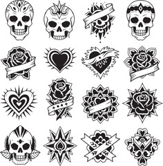 traditional tattoo flash designs featuring various skull motifs, hearts, and roses, ideal for classic tattoo art inspiration