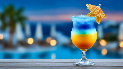 Tropical cocktail with blue and orange layers in elegant glass, illuminated by soft ambient light. Poolside backdrop creates relaxing atmosphere. Concept of bars, restaurants, event planning