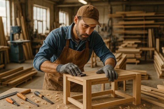 Skilled Male Carpenter Engaged in Woodworking Creating Furniture in a Busy Carpentry Factory or Workshop