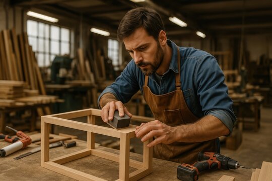 Skilled Male Carpenter Engaged in Woodworking Creating Furniture in a Busy Carpentry Factory or Workshop - Powered by Adobe