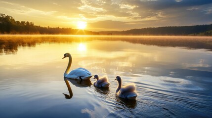 Fototapeta premium A family of swans gliding gracefully across a peaceful lake at sunrise