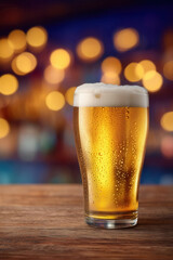 Frosty pint of beer with overflowing foam sits on wooden bar counter. Warm pub lighting creates inviting atmosphere with blurred background. Concept of hospitality, beverage marketing, nightlife