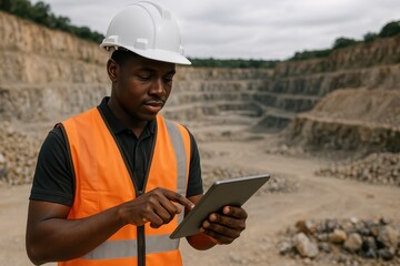 Fototapeta premium Young Black African Mining Construction Worker Using a Digital Tablet in an Open Pit Quarry Industrial Setting