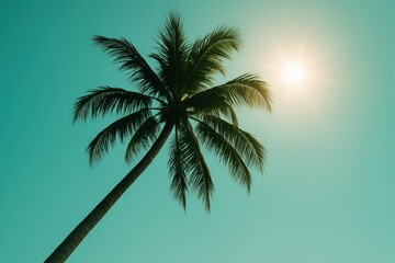 Obraz premium A striking photograph capturing the unique silhouette of a tall, slender palm tree, dramatically tilted at an angle against a vibrant azure sky, evoking a sense of tropical paradise and resilience.