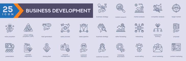 Business Development icon set vector image in outline style, 
set of Web icons in outline style, 
set icon for Web and outline app