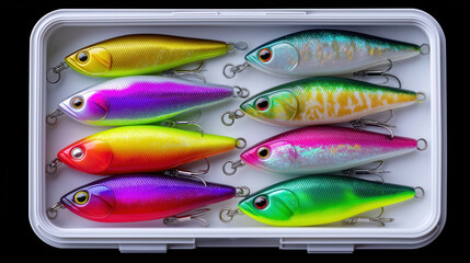 Close-up of colorful fishing lures arranged in tackle box with high detail under studio lighting. Vibrant hues attract fish. Concept of fishing, outdoor activities, sports gear