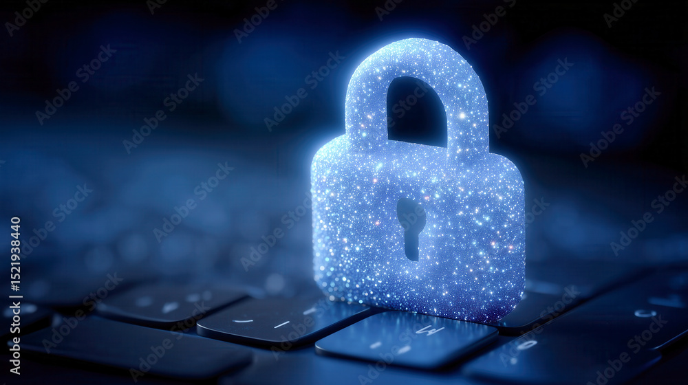 Poster lock icon hologram hovers above computer keyboard, symbolizing cybersecurity. fingers typing in blur