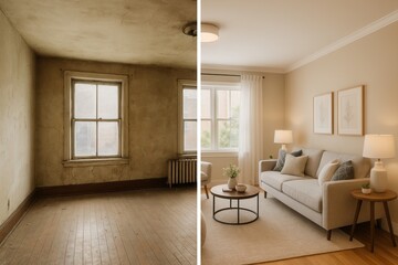 Dramatic Home Transformation Empty Unfurnished Room Shown Before and After Complete Renovation and Refurnishment