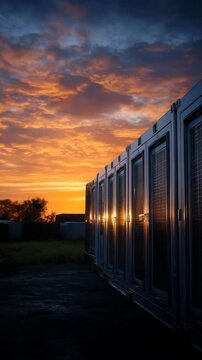 Data center containers stand at dusk, reflecting vibrant orange and blue hues of the sunset sky above, near trees