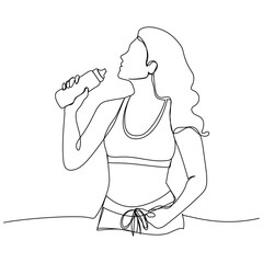 Woman with water bottle in continuous one line art style. Workout concept. Simple vector illustration