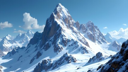 Obraz premium A towering snow-covered mountain peak rises dramatically under a clear blue sky, surrounded by rugged, snowy ridges.