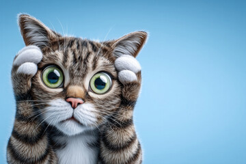 Obraz premium Surprised shocked cat with paws on head showcasing emotion in a vibrant blue background. Clear copy space enhances visual impact. Concept of pet care, animal welfare, marketing