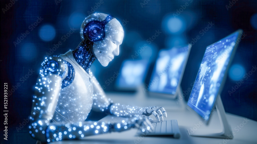 Poster ai robot engages with multiple floating holographic screens in high-tech office. cool blue lighting 