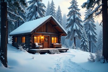 A cozy and rustic cabin nestled deep within a snowy woodland, offering a sense of peace and seclusion Perfect for winter, nature, and refuge themes , woodland, home, backdrop