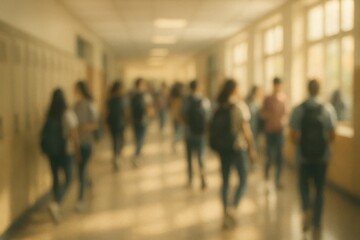 Vibrant Unfocused School Hallway Students in Motion Creating a Dynamic and Energetic Educational Atmosphere Background
