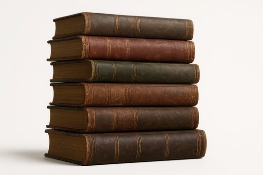 Artfully arranged stack of antique leather-bound hardcovered books with faded gold lettering on the spines isolated on a clean white background perfect for literary or educational themes cutout