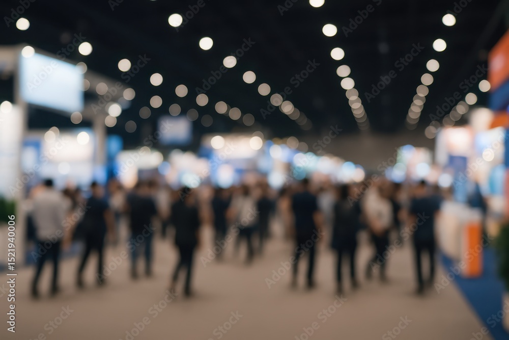 Poster blurred background of a large bustling expo hall or trade show with many attendees walking around ex