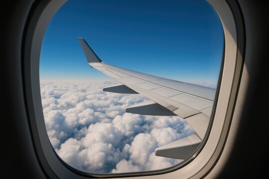 Breathtaking aerial view from an airplane window showing the curved wing of the aircraft soaring high above a blanket of fluffy white clouds with a clear blue sky above