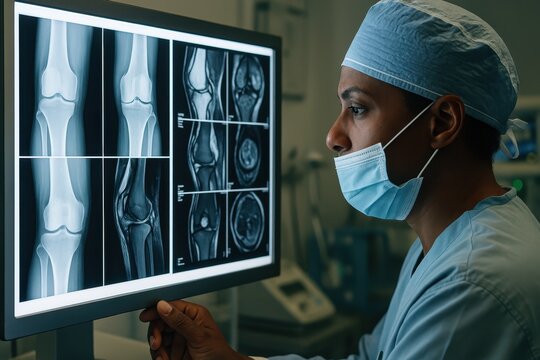 Close-up of an orthopedic surgeon meticulously examining a patient's knee X-ray and MRI scans on a light-up display in a modern hospital radiology department