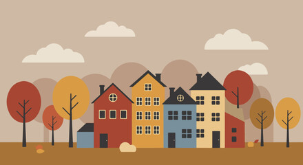 Fototapeta premium Three houses with distinct architectural styles in a serene autumn neighborhood