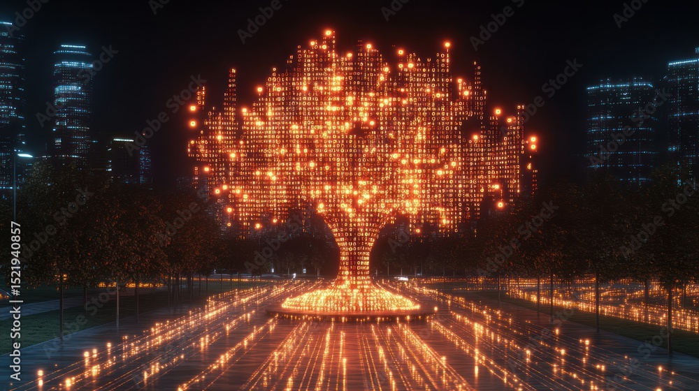 Aufkleber illuminated digital tree in urban park at night. dynamic glowing network structure resembling a tree