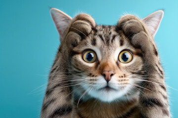 Fototapeta premium Cat displaying shocked expression with paws on head against bright blue background. Intimate close-up captures furry face showing surprise. Concept of pet care, animal behavior, social media