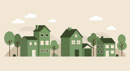 Fototapeta premium Flat design illustration of a row of green houses with trees in a peaceful neighborhood