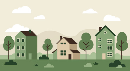 Naklejka premium Flat illustration of three houses in a suburban neighborhood with rolling landscape