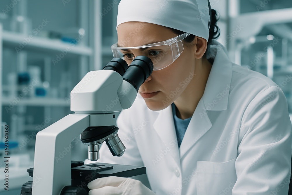 Poster focused scientist in a sterile white lab coat and protective goggles meticulously analyzing samples 