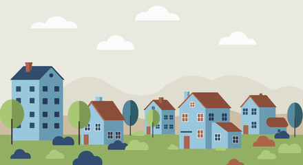 Fototapeta premium Suburban neighborhood with varied houses and rolling hills under a partly cloudy sky