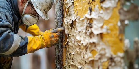 An asbestos removal specialist carefully removes hazardous materials from an old building