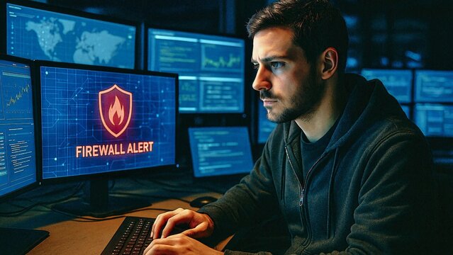 Cybersecurity specialist working late at night in dark room, managing a firewall alert displayed on multiple computer screens, showing graphs, data, and code