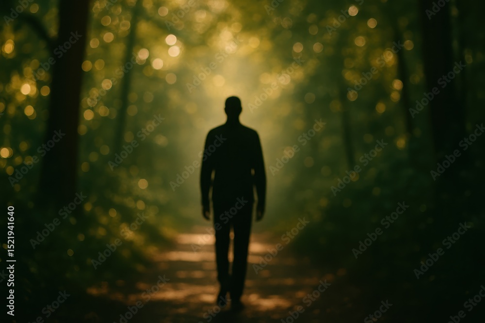 Poster serene image of a person's silhouette walking along a sun-dappled forest path with soft bokeh light 
