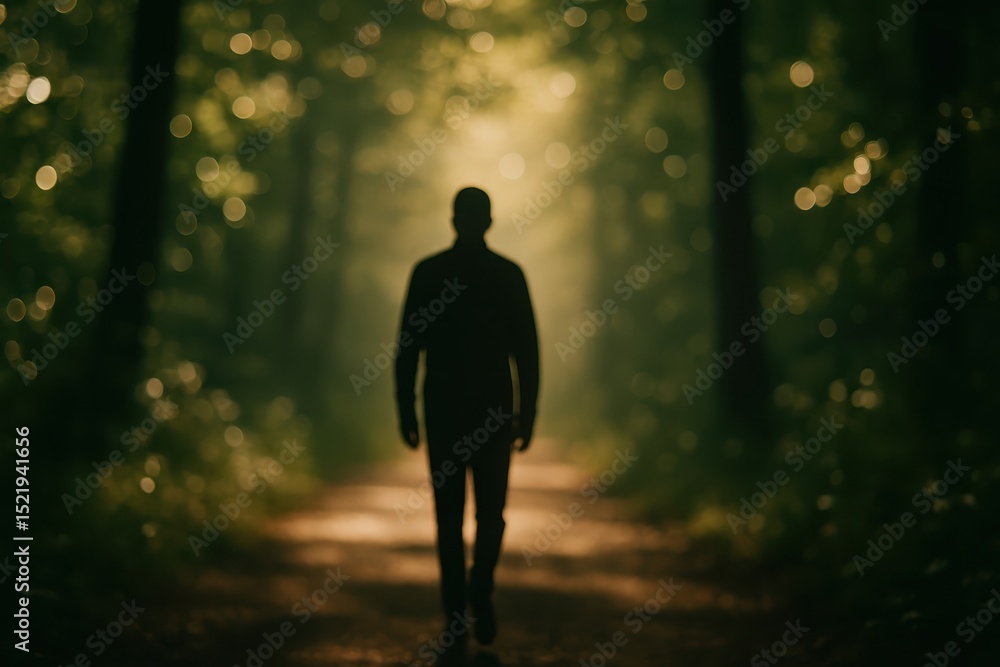 Poster serene image of a person's silhouette walking along a sun-dappled forest path with soft bokeh light 