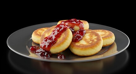 Sweet Delights: A close-up shot of fluffy, golden pancakes, drizzled generously with a vibrant, ruby-red berry compote, displayed elegantly on a sleek, silver plate. A tempting treat!