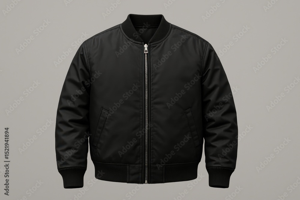 Poster stylish black bomber jacket mockup on an invisible mannequin or laid flat showing the front view wit
