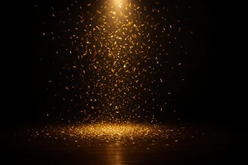 Spectacular cascade of shimmering golden confetti raining down onto an empty elegant stage illuminated by a bright central spotlight perfect for awards ceremonies or New Year celebrations mockup