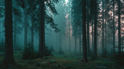 Fototapeta premium Enchanted Dusk Forest 8K Misty Woods Background Image