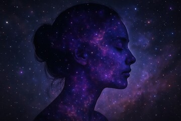 Surreal double exposure portrait blending a serene woman's silhouette with a vibrant cosmic nebula and galaxy symbolizing interconnectedness mindfulness and the universe within