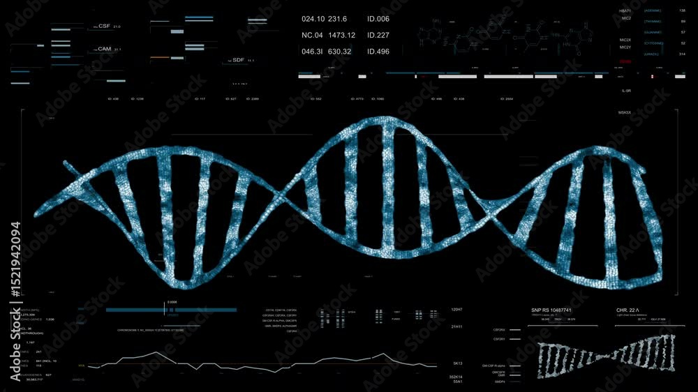 Poster detailed digital rendering of dna double helix with scientific data overlay