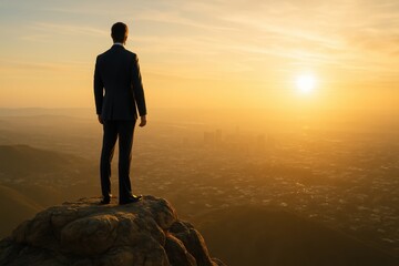 Visionary male business leader in a sharp suit standing confidently on a high mountain peak overlooking a vast sprawling cityscape at sunrise symbolizing foresight and strategic perspective
